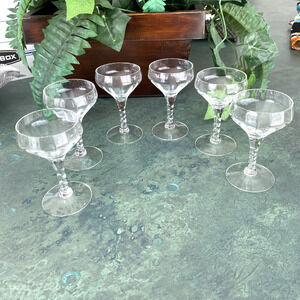 Vintage crystal cordial wine glasses matching set of 6 twisted stems elegant bar